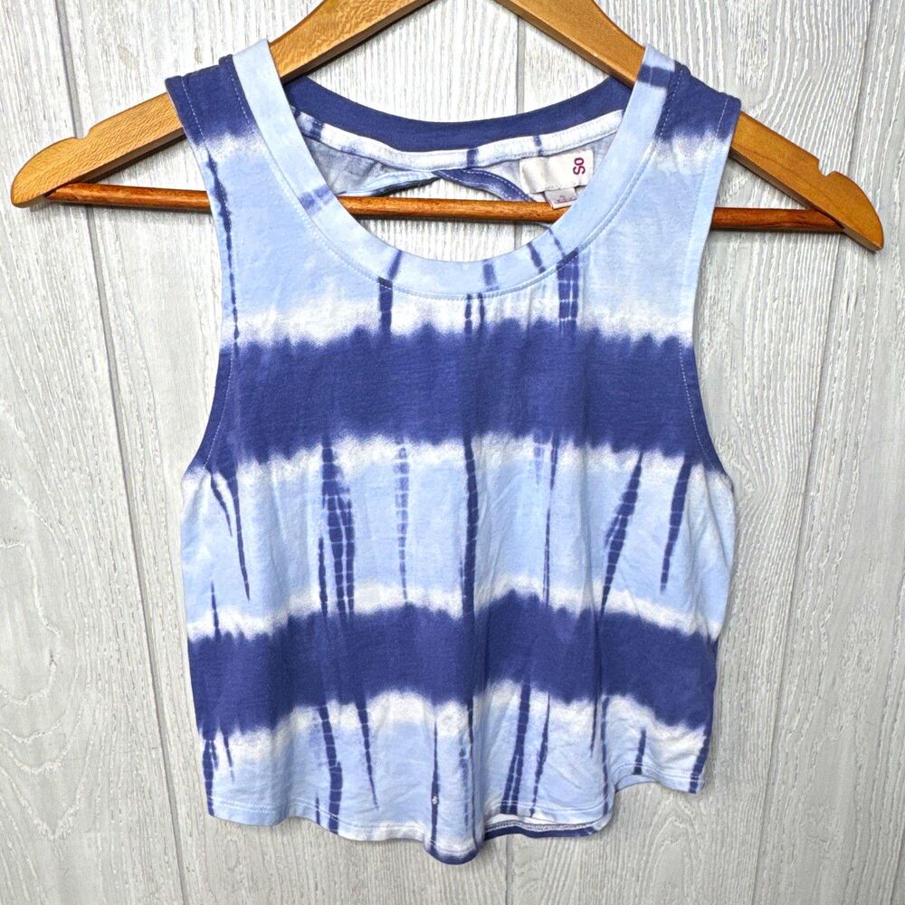 Women's Blue/White Tie-Dye Cropped Tank Top Round Neck Stretch Knit Size S